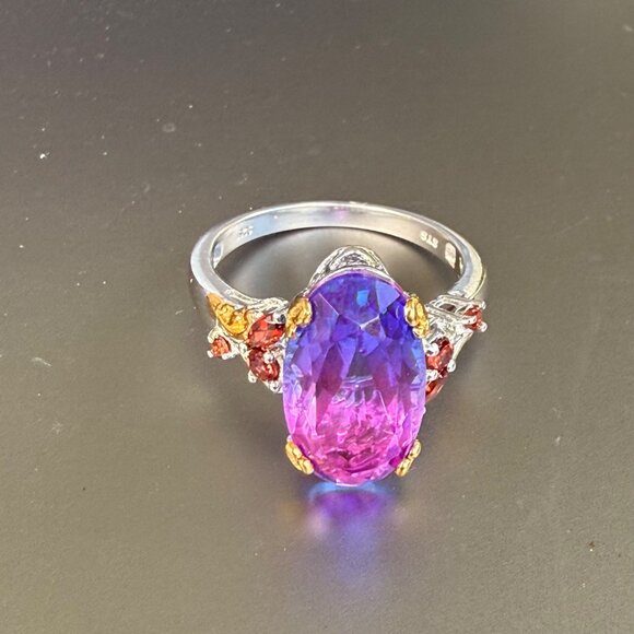 Rhodolite Garnet Silver Ring Gold Plated Accents Size 11 Oval Cut Elegant Design - Picture 3 of 8